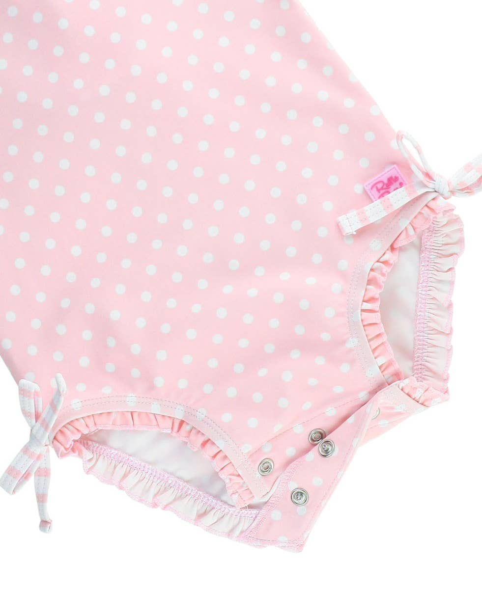 Baby Girls Pink Polka Dot Long Sleeve One Piece Rash Guard Swimsuit with Signature Rear Ruffles