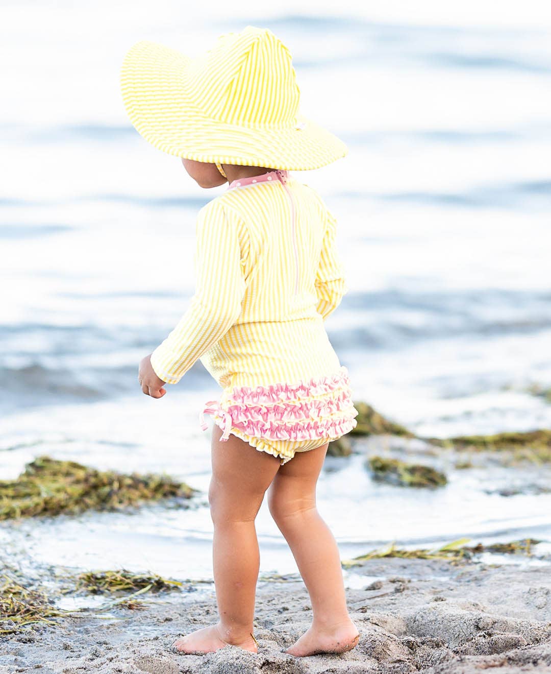 Baby Girls Banana Seersucker Long Sleeve One Piece Rash Guard Swimsuit with Signature Rear Ruffles