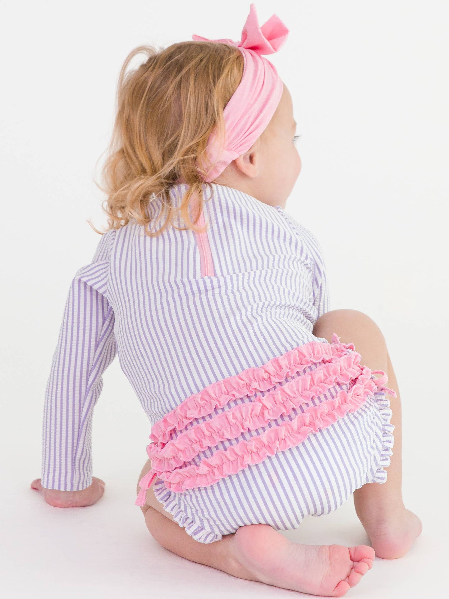 Baby Girls Lavender Seersucker Long Sleeve One Piece Rash Guard Swimsuit with Signature Rear Ruffles