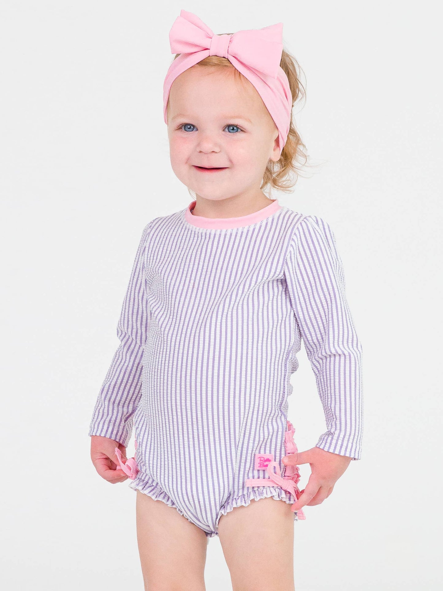 Baby Girls Lavender Seersucker Long Sleeve One Piece Rash Guard Swimsuit with Signature Rear Ruffles