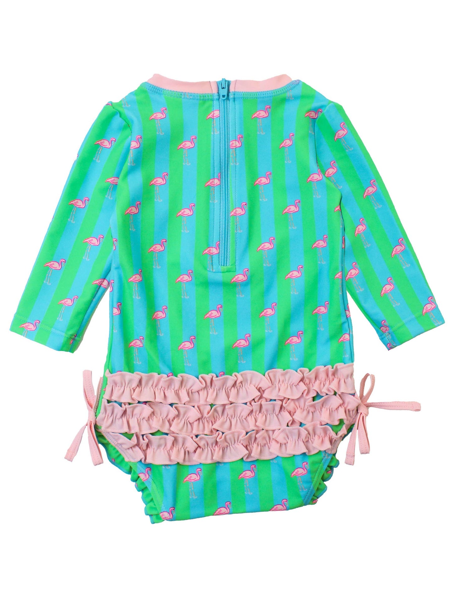 Baby Girls Neon Flamingo Stripe Long Sleeve One Piece Rash Guard Swimsuit with Signature Rear Ruffles