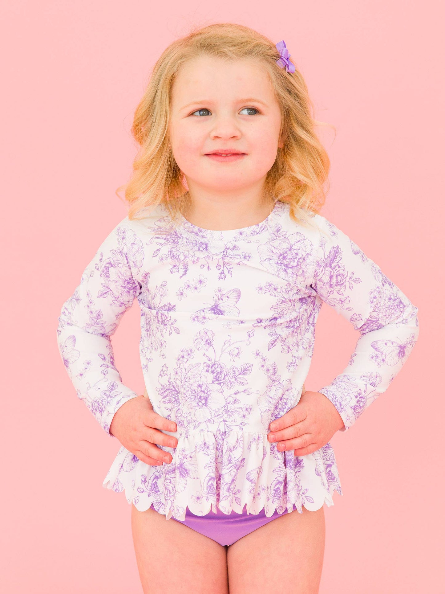 Girls Wisteria Purple Butterfly Garden Toile Scallop Hem Long Sleeve Rash Guard 2-Piece Swimsuit with Signature Rear Ruffles