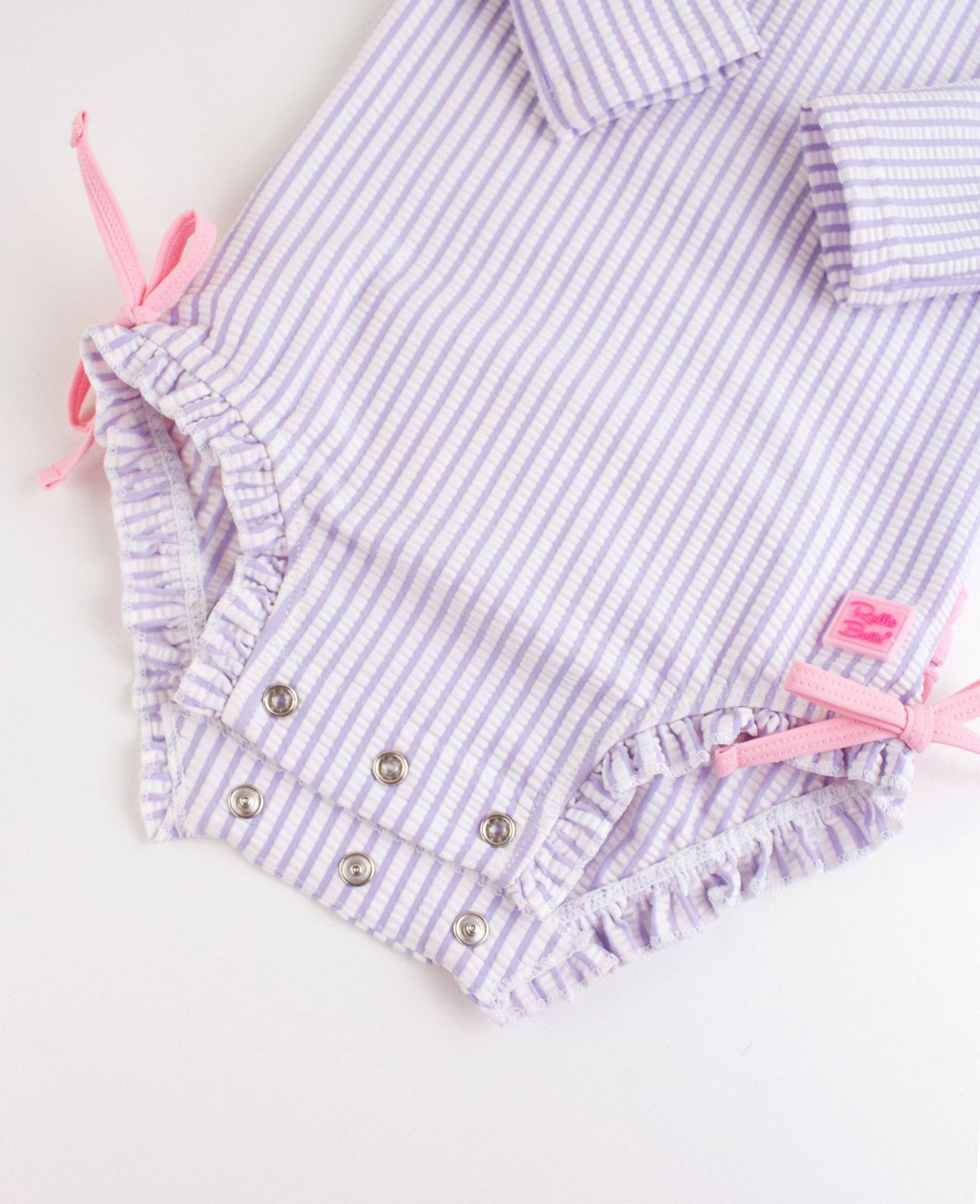 Baby Girls Lavender Seersucker Long Sleeve One Piece Rash Guard Swimsuit with Signature Rear Ruffles