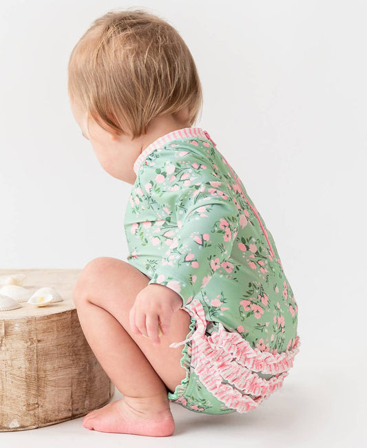 Baby Girls Tea Roses Long Sleeve One Piece Rash Guard Swimsuit with Signature Rear Ruffles