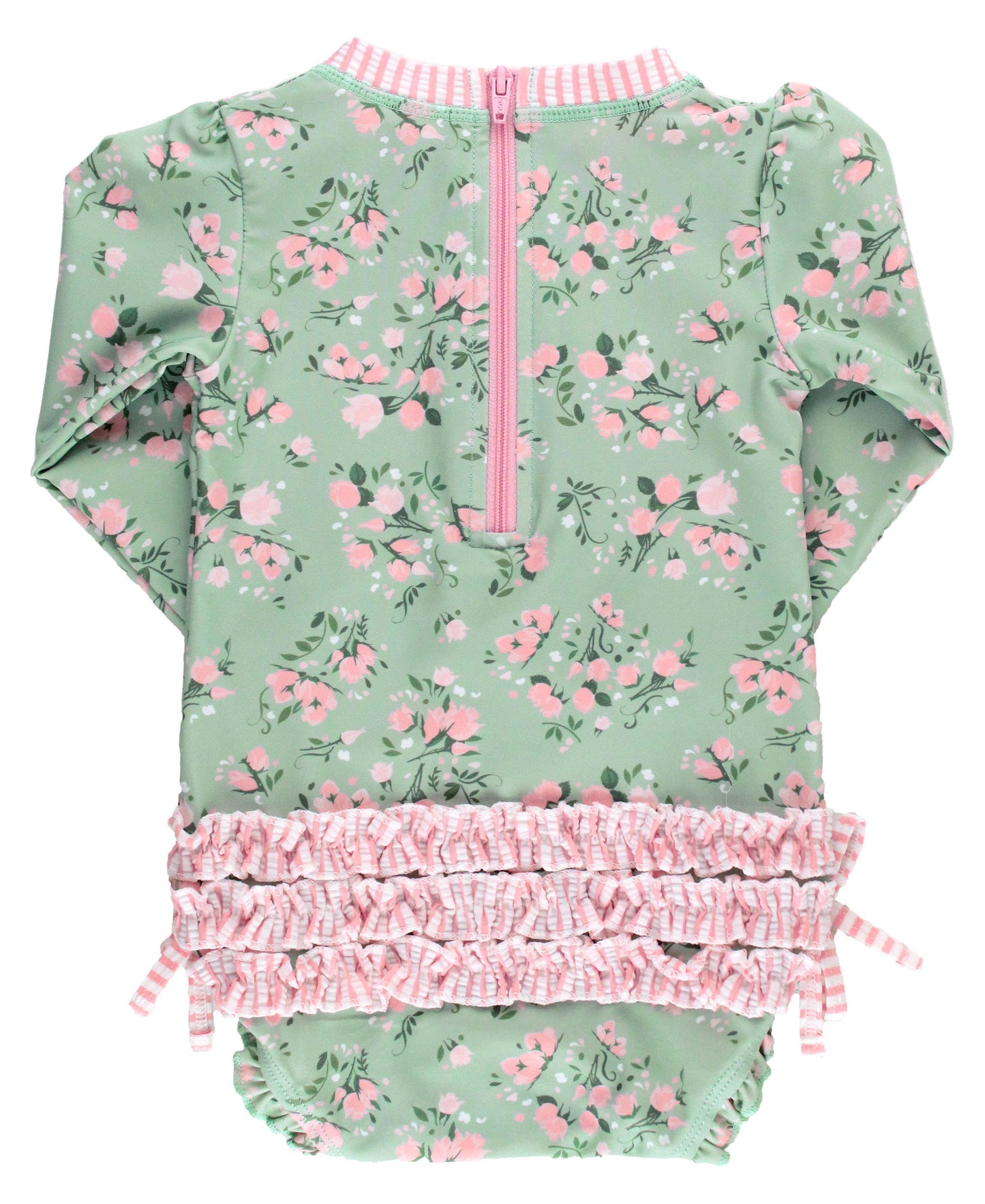 Baby Girls Tea Roses Long Sleeve One Piece Rash Guard Swimsuit with Signature Rear Ruffles