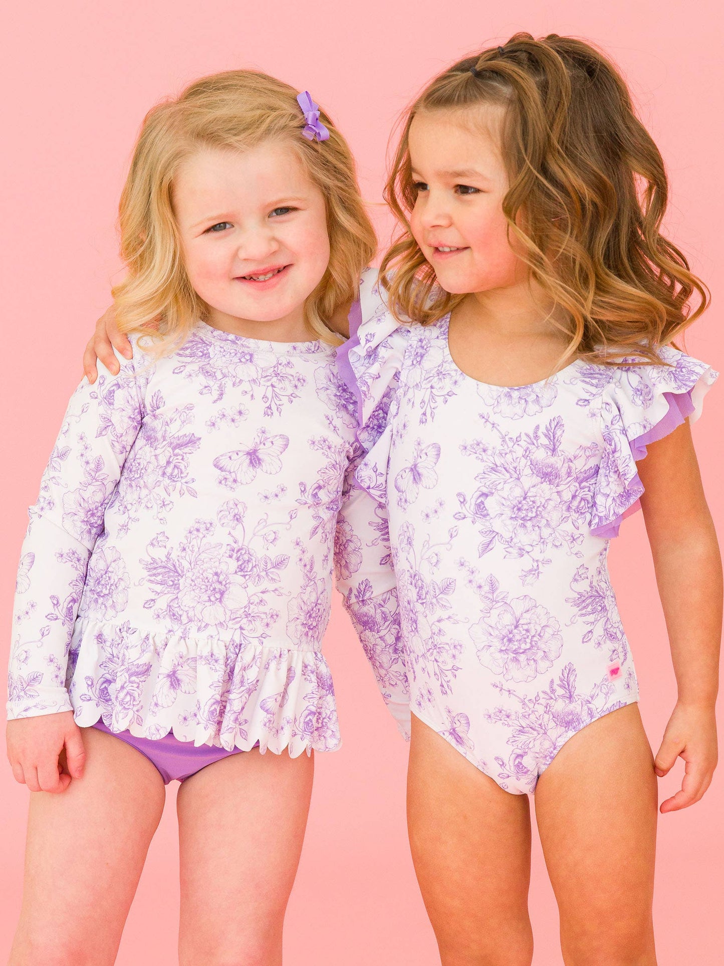 Girls Wisteria Purple Butterfly Garden Toile Scallop Hem Long Sleeve Rash Guard 2-Piece Swimsuit with Signature Rear Ruffles