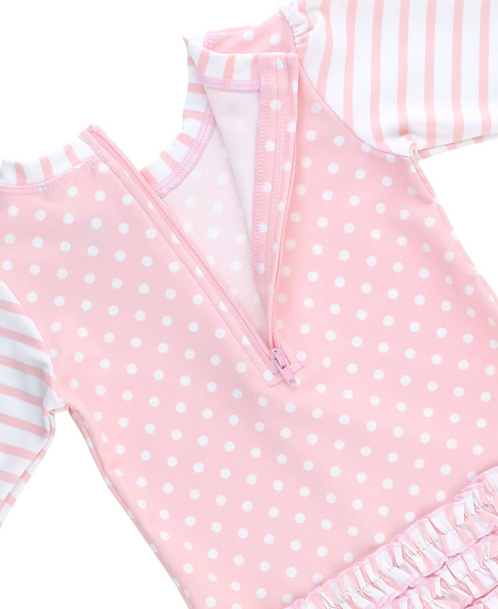 Baby Girls Pink Polka Dot Long Sleeve One Piece Rash Guard Swimsuit with Signature Rear Ruffles