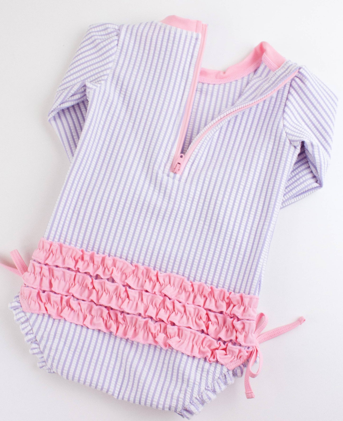 Baby Girls Lavender Seersucker Long Sleeve One Piece Rash Guard Swimsuit with Signature Rear Ruffles