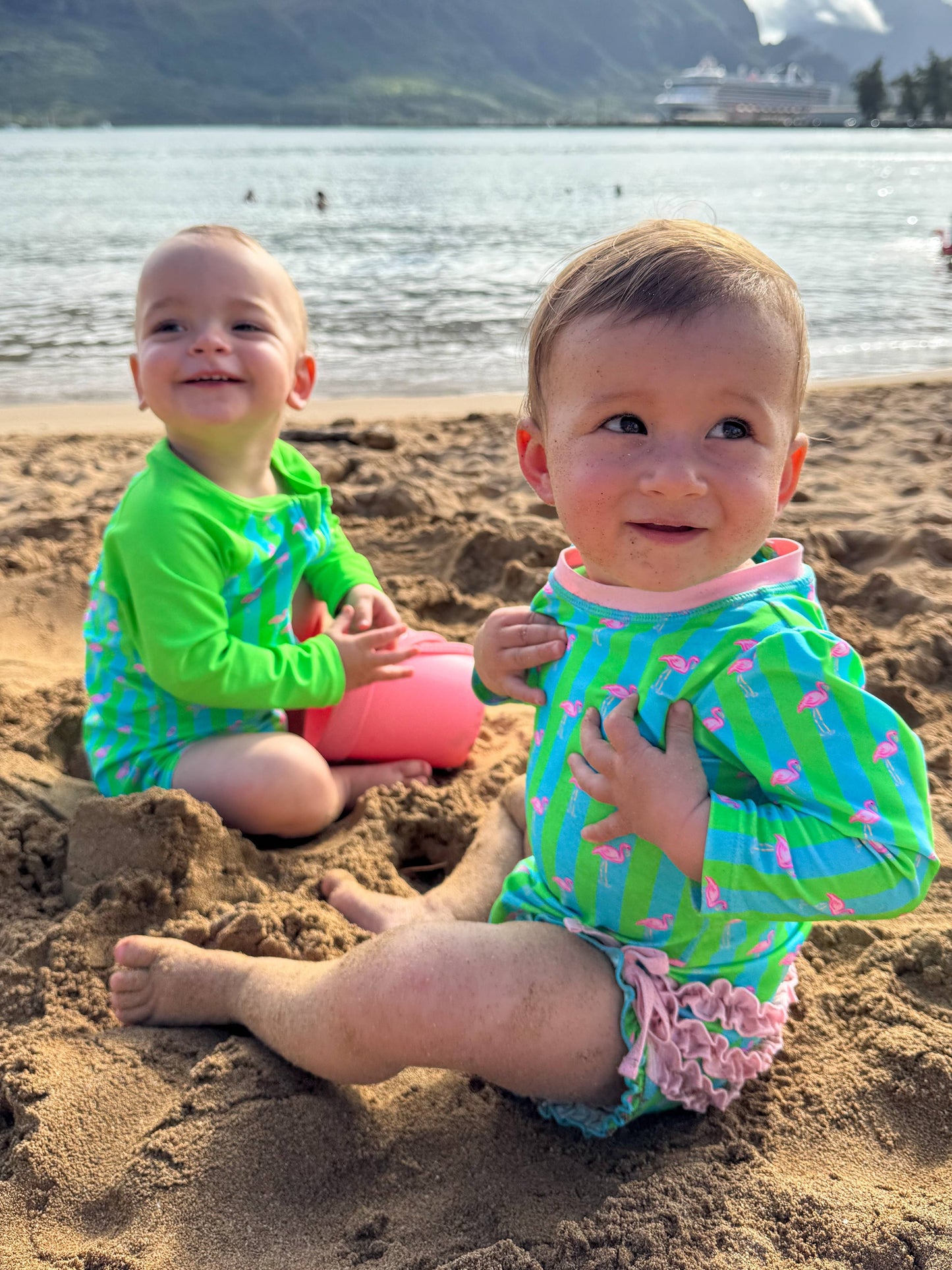 Baby Girls Neon Flamingo Stripe Long Sleeve One Piece Rash Guard Swimsuit with Signature Rear Ruffles