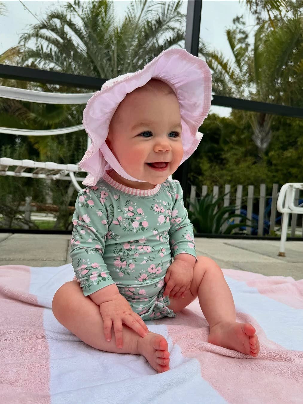 Baby Girls Tea Roses Long Sleeve One Piece Rash Guard Swimsuit with Signature Rear Ruffles