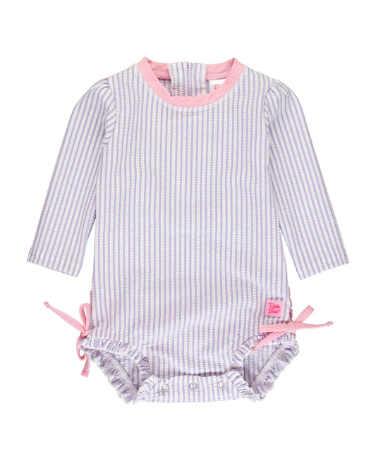 Baby Girls Lavender Seersucker Long Sleeve One Piece Rash Guard Swimsuit with Signature Rear Ruffles