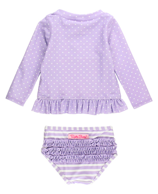 Girls Lavender Heart Polka Dot Long Sleeve Rash Guard 2-Piece Swimsuit with Signature Rear Ruffles
