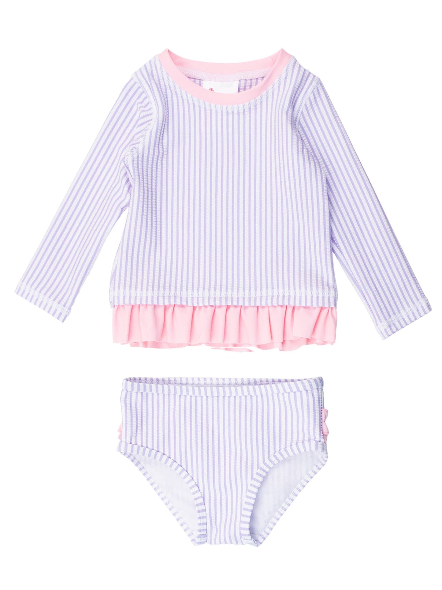 Girls Lavender Seersucker Long Sleeve Rash Guard 2-Piece Swimsuit with Signature Rear Ruffles