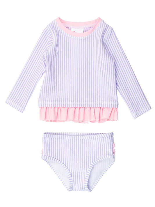 Girls Lavender Seersucker Long Sleeve Rash Guard 2-Piece Swimsuit with Signature Rear Ruffles