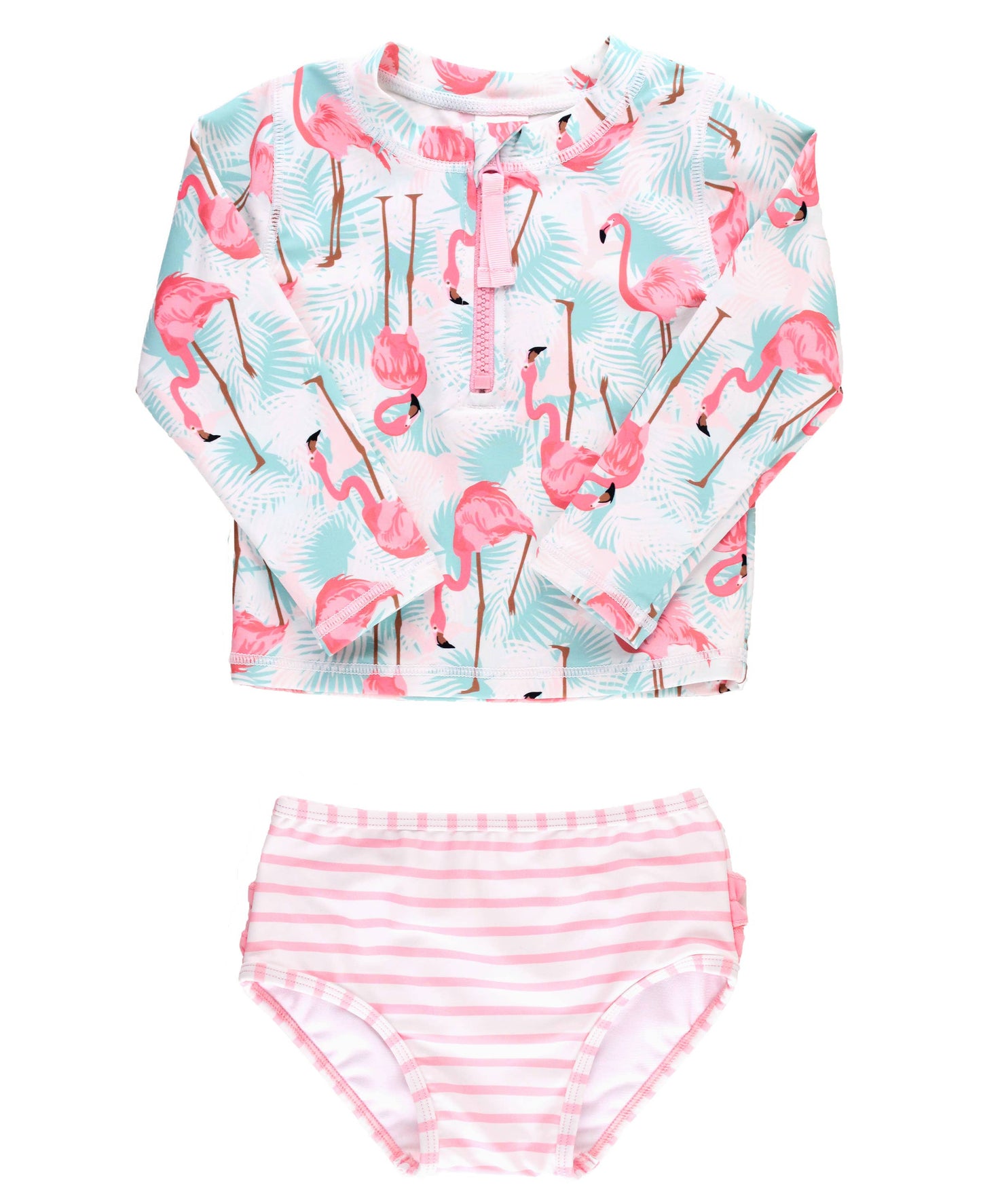 Girls Vibrant Flamingo Long Sleeve Zipper Rash Guard 2-Piece Swimsuit with Signature Rear Ruffles