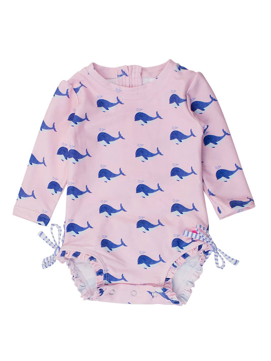 Baby Girls Pink Whale Friends Long Sleeve One Piece Rash Guard Swimsuit with Signature Rear Ruffles