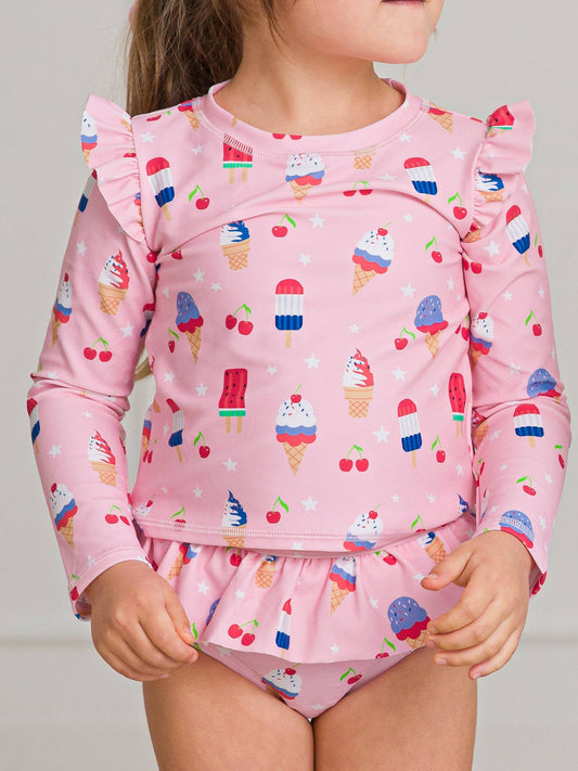 Girls Sweet Freedom Flutter Long Sleeve Rash Guard Skirted 2-Piece Swimsuit