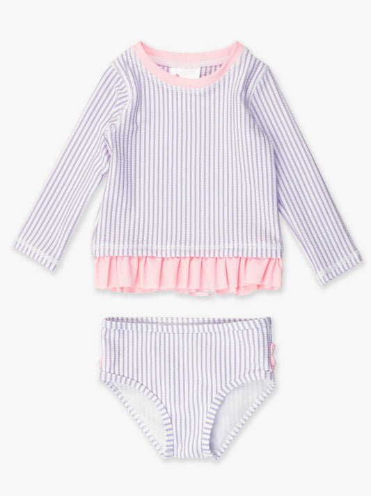 Girls Lavender Seersucker Long Sleeve Rash Guard 2-Piece Swimsuit with Signature Rear Ruffles