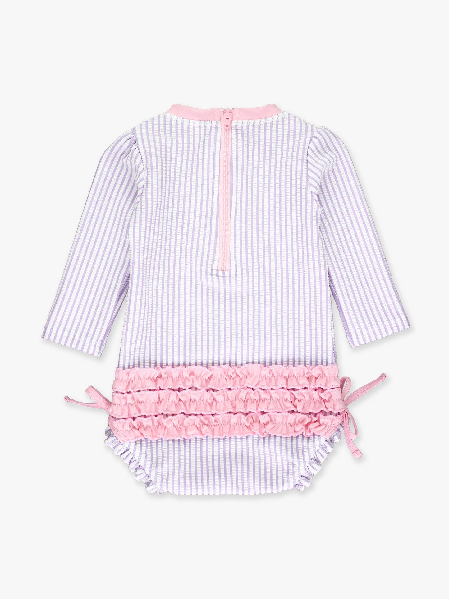 Baby Girls Lavender Seersucker Long Sleeve One Piece Rash Guard Swimsuit with Signature Rear Ruffles