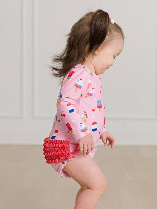 Baby Girls Sweet Freedom Long Sleeve One Piece Rash Guard Swimsuit with Signature Rear Ruffles