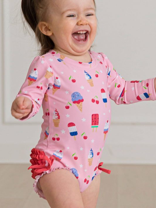 Baby Girls Sweet Freedom Long Sleeve One Piece Rash Guard Swimsuit with Signature Rear Ruffles