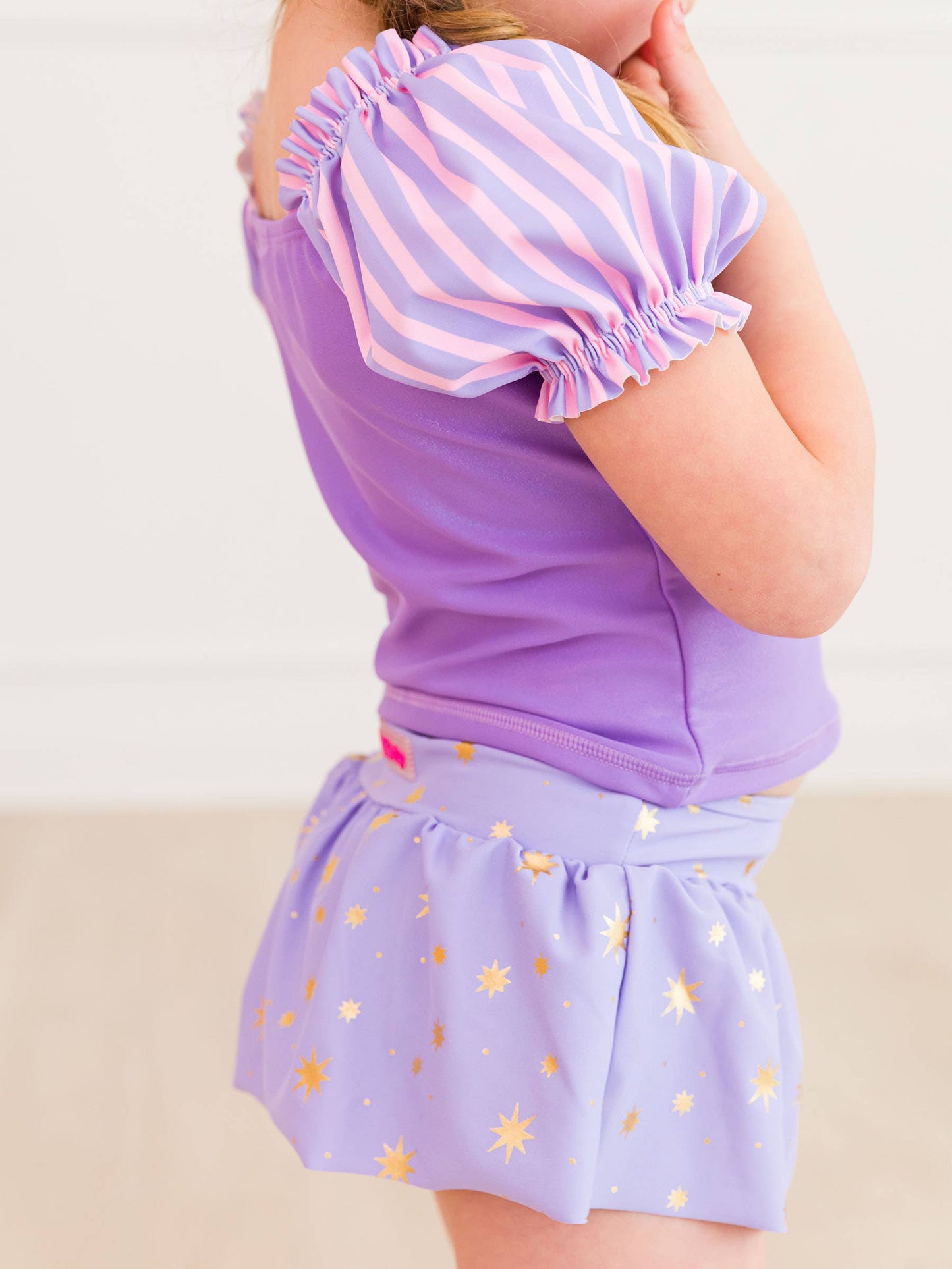Girls Amethyst Princess Puff Sleeve Skirted 2-Piece Swimsuit