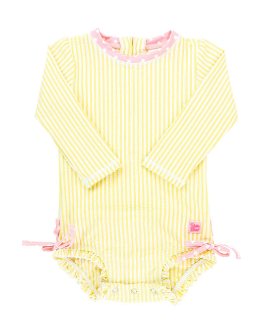 Baby Girls Banana Seersucker Long Sleeve One Piece Rash Guard Swimsuit with Signature Rear Ruffles