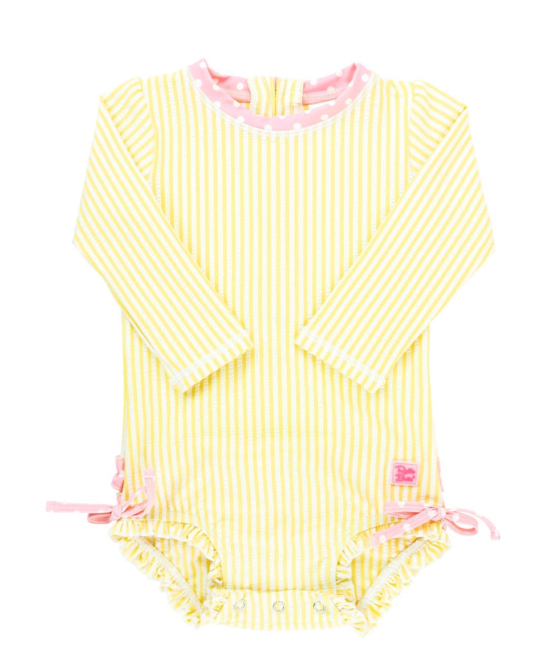 Baby Girls Banana Seersucker Long Sleeve One Piece Rash Guard Swimsuit with Signature Rear Ruffles