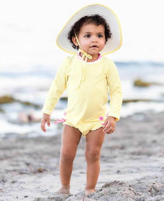 Baby Girls Banana Seersucker Long Sleeve One Piece Rash Guard Swimsuit with Signature Rear Ruffles