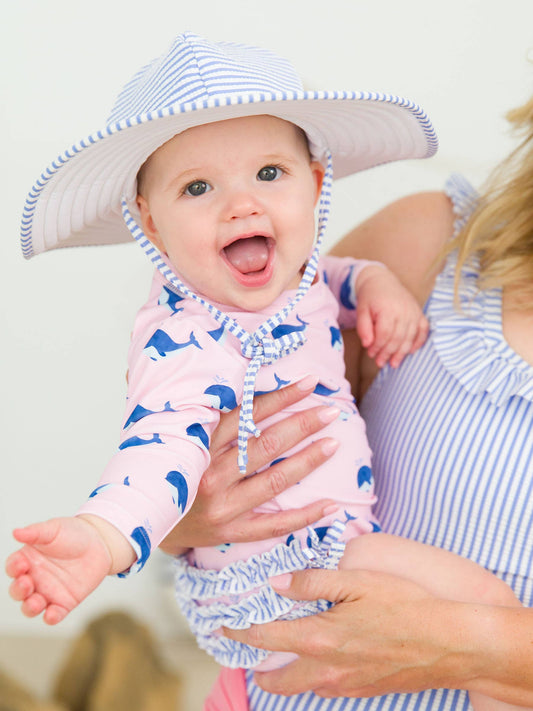 Baby Girls Pink Whale Friends Long Sleeve One Piece Rash Guard Swimsuit with Signature Rear Ruffles