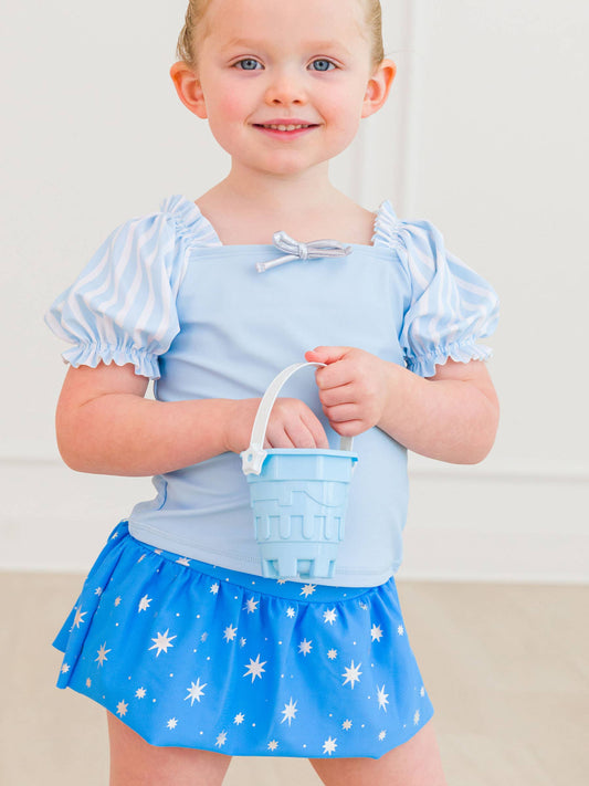 Girls Crystal Blue Princess Puff Sleeve Skirted 2-Piece Swimsuit