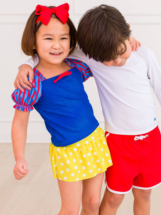 Girls Royal Blue and Yellow Puff Sleeve Skirted 2-Piece Swimsuit