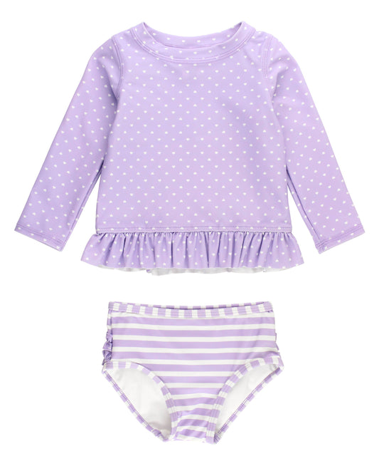 Girls Lavender Heart Polka Dot Long Sleeve Rash Guard 2-Piece Swimsuit with Signature Rear Ruffles
