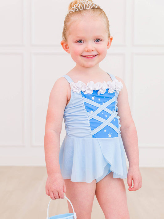 Girls Crystal Blue Princess Dress-Up One Piece Swimsuit