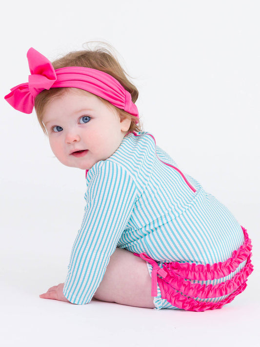 Baby Girls Bright Aqua Seersucker Long Sleeve One Piece Rash Guard Swimsuit with Signature Rear Ruffles