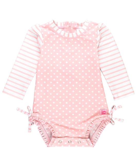 Baby Girls Pink Polka Dot Long Sleeve One Piece Rash Guard Swimsuit with Signature Rear Ruffles