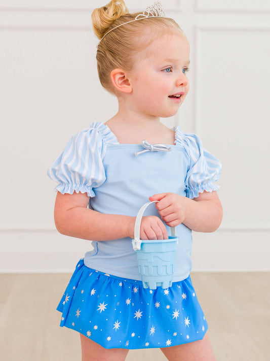Girls Crystal Blue Princess Puff Sleeve Skirted 2-Piece Swimsuit
