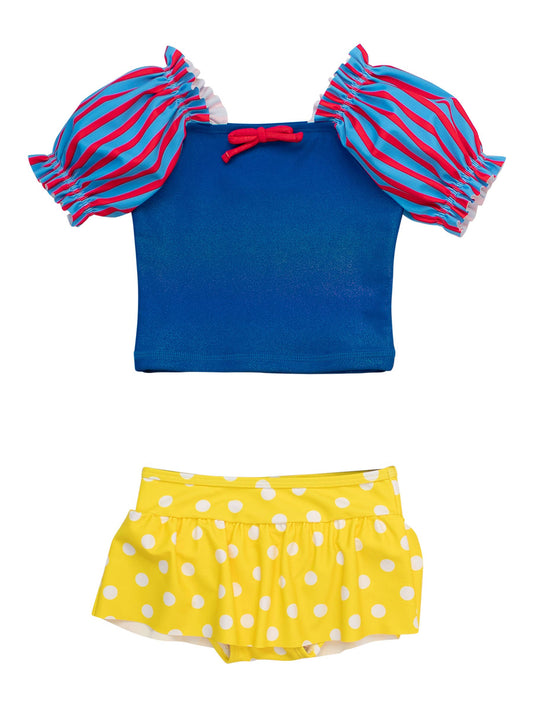 Girls Royal Blue and Yellow Puff Sleeve Skirted 2-Piece Swimsuit