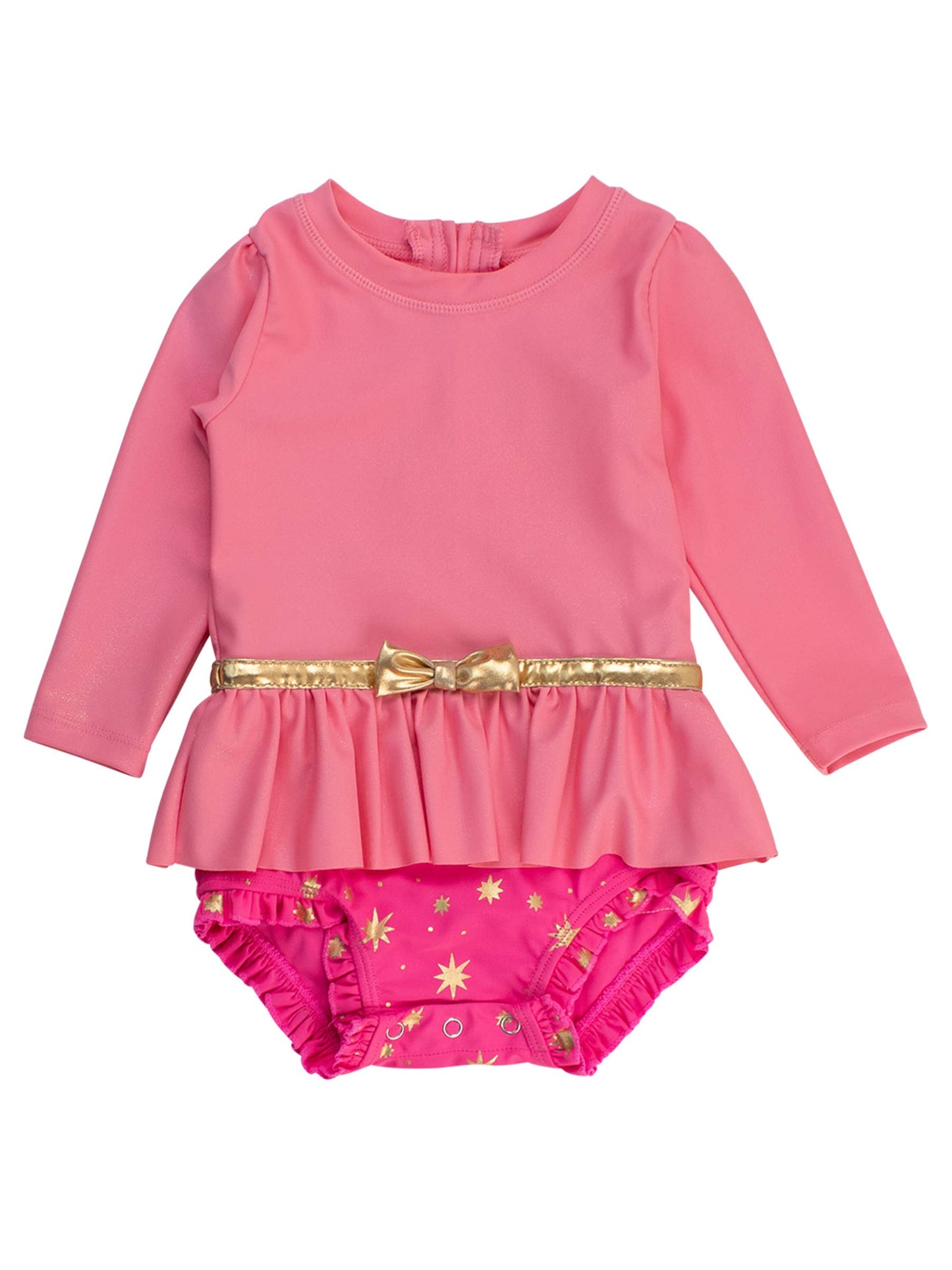 Girls Royal Pink Princess Long Sleeve Bow Skirted One Piece Swimsuit