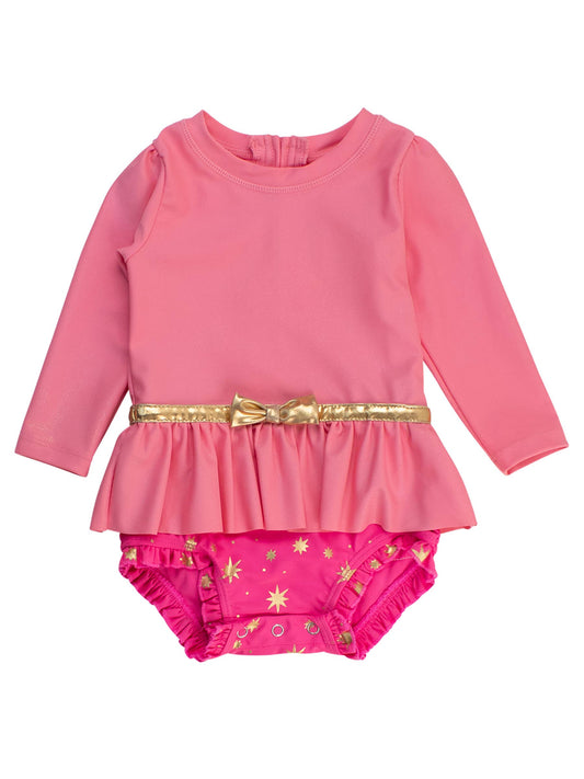 Girls Royal Pink Princess Long Sleeve Bow Skirted One Piece Swimsuit
