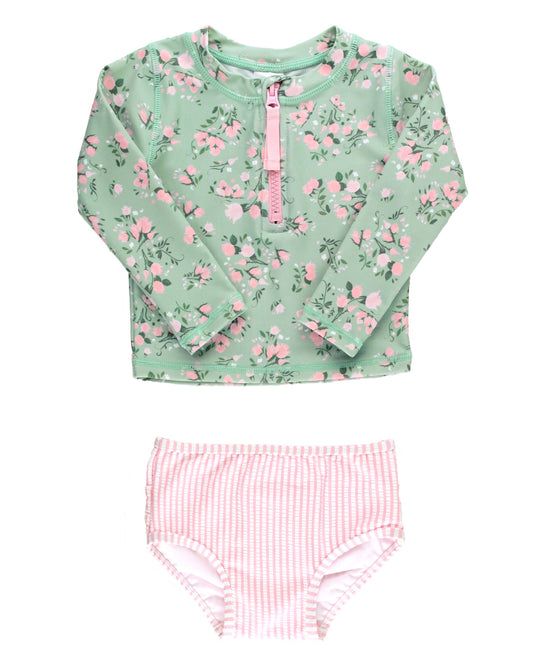 Girls Tea Roses Long Sleeve Zipper Rash Guard 2-Piece Swimsuit with Signature Rear Ruffles