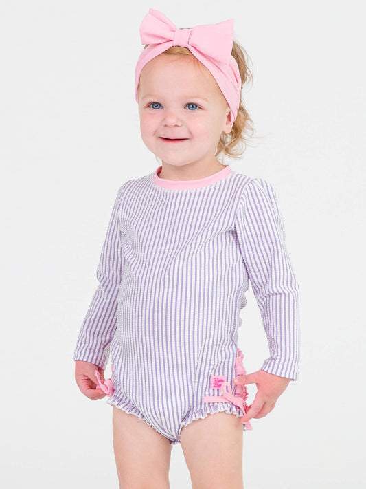 Baby Girls Lavender Seersucker Long Sleeve One Piece Rash Guard Swimsuit with Signature Rear Ruffles