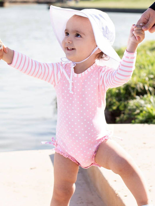 Baby Girls Pink Polka Dot Long Sleeve One Piece Rash Guard Swimsuit with Signature Rear Ruffles