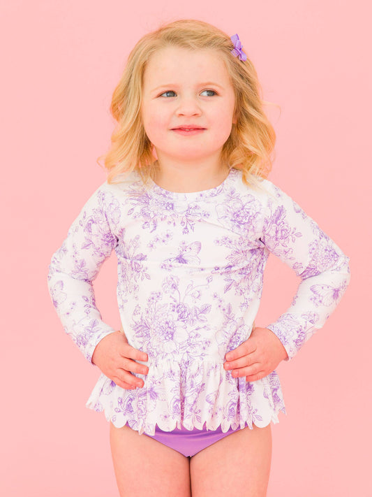 Girls Wisteria Purple Butterfly Garden Toile Scallop Hem Long Sleeve Rash Guard 2-Piece Swimsuit with Signature Rear Ruffles