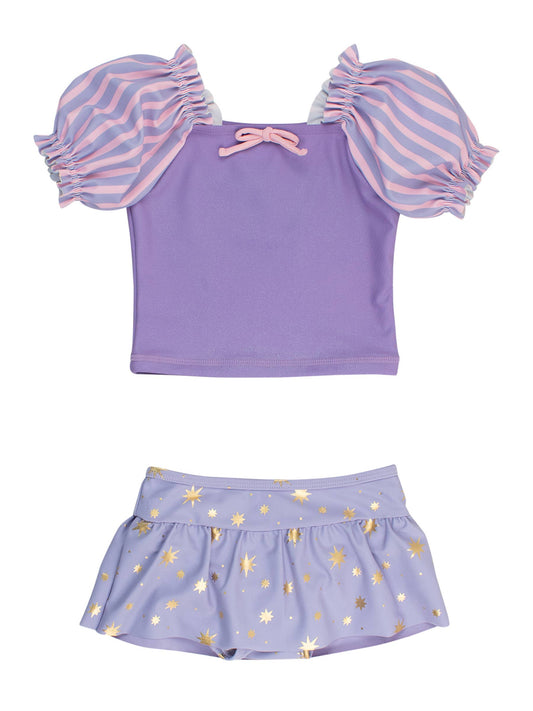 Girls Amethyst Princess Puff Sleeve Skirted 2-Piece Swimsuit