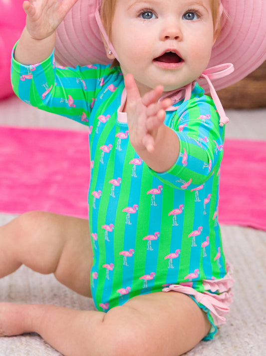 Baby Girls Neon Flamingo Stripe Long Sleeve One Piece Rash Guard Swimsuit with Signature Rear Ruffles