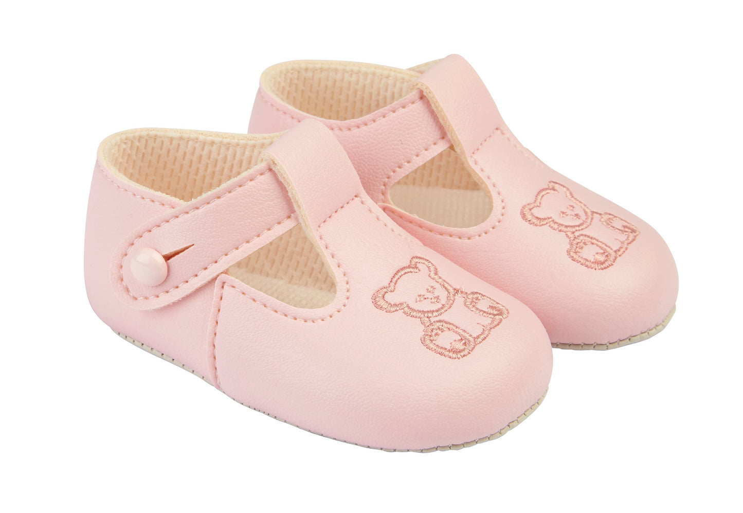 B117 Soft sole baby shoes button T-bar with Teddy embroidery