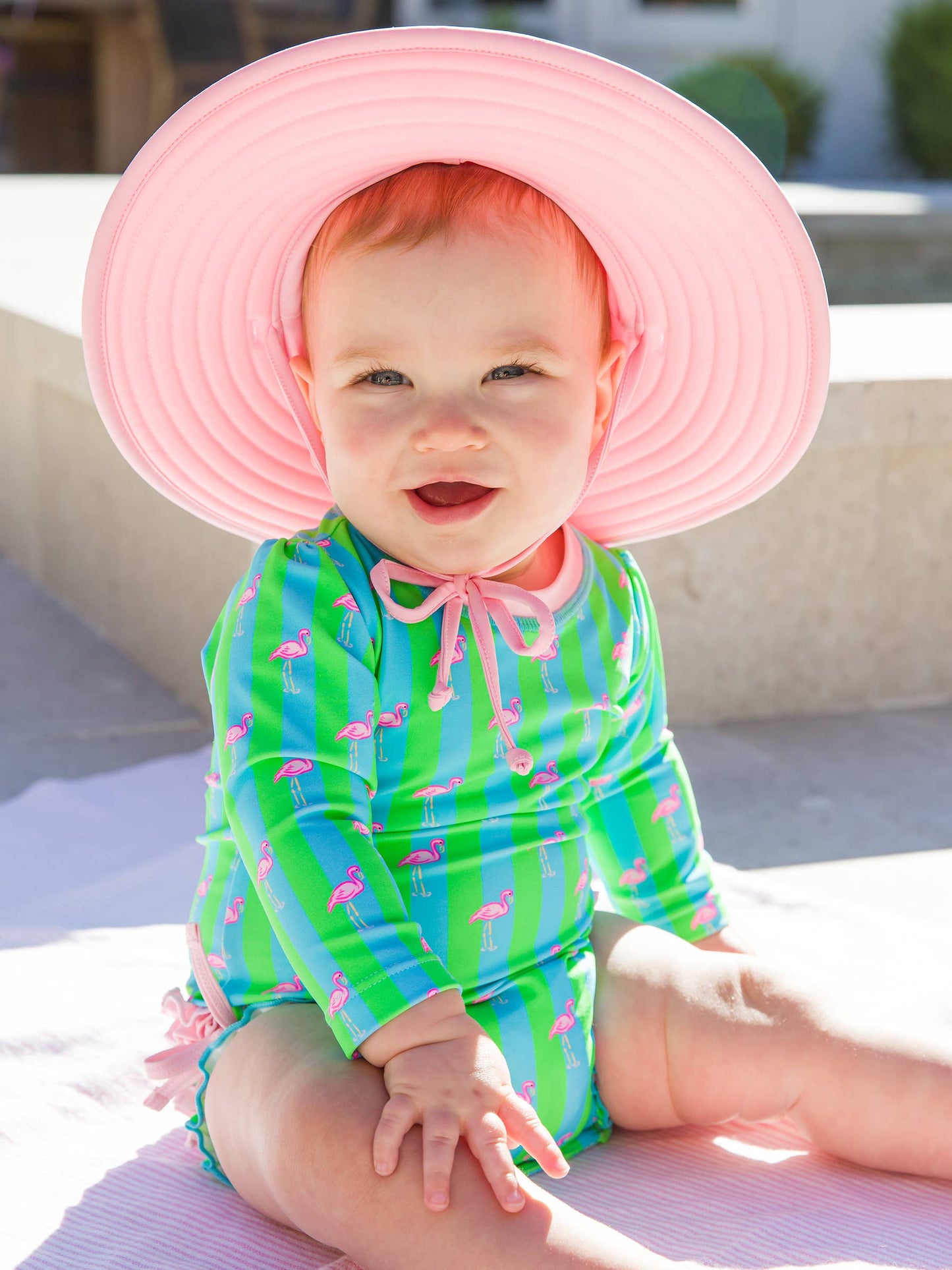 Baby Girls Neon Flamingo Stripe Long Sleeve One Piece Rash Guard Swimsuit with Signature Rear Ruffles