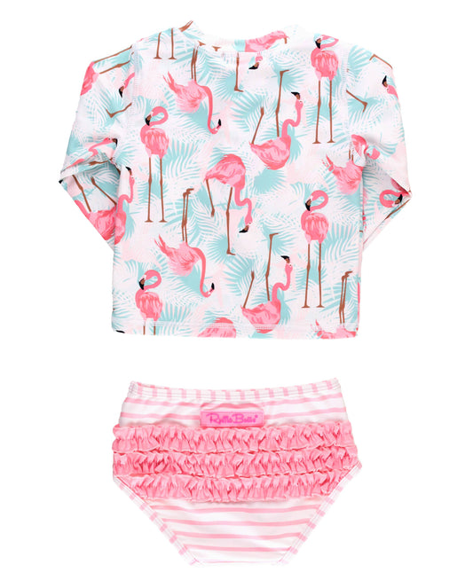 Girls Vibrant Flamingo Long Sleeve Zipper Rash Guard 2-Piece Swimsuit with Signature Rear Ruffles