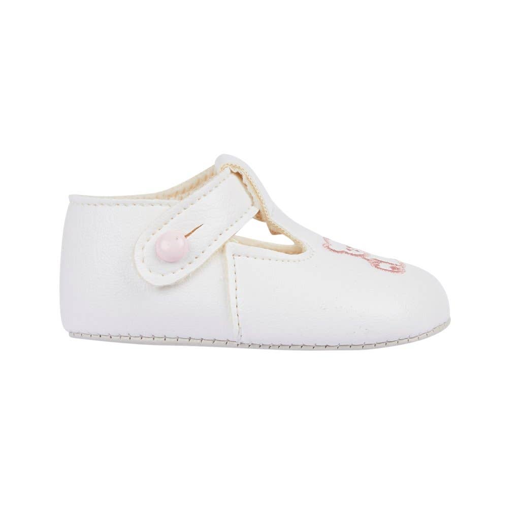 B117 Soft sole baby shoes button T-bar with Teddy embroidery